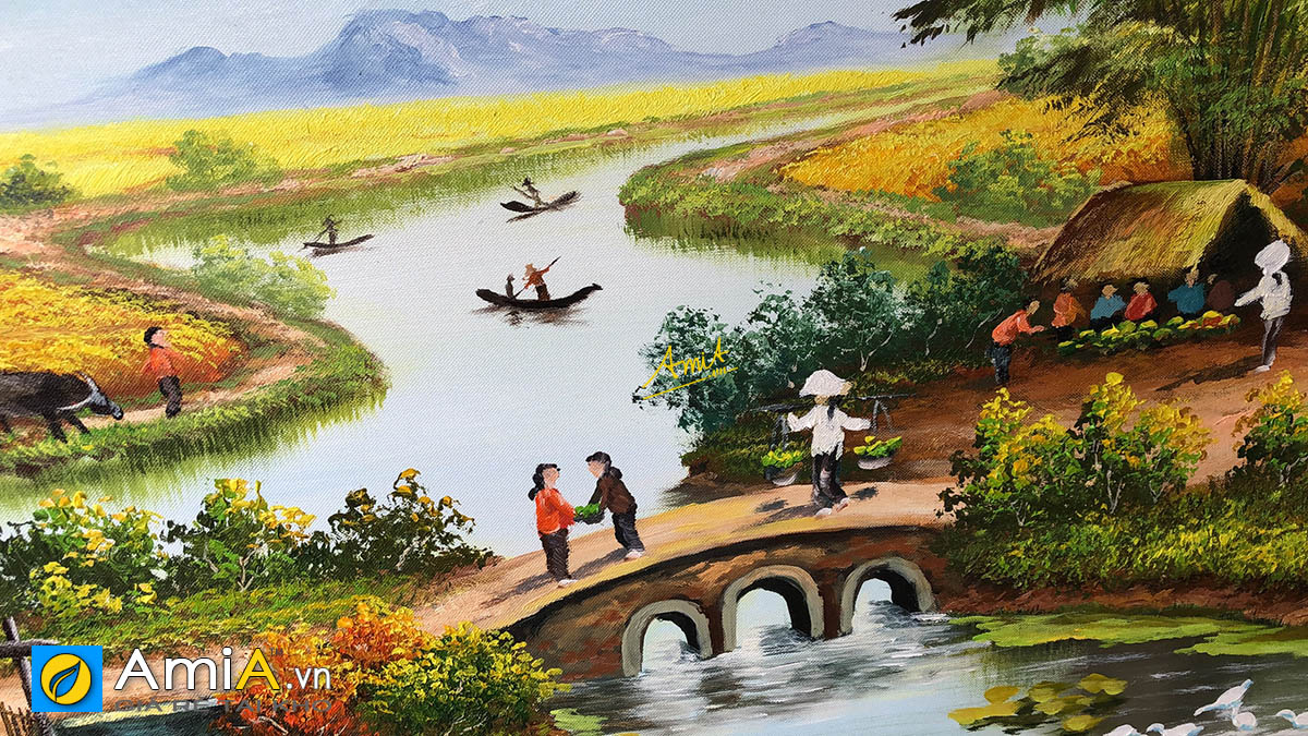 Tranh phòng khách vẽ sơn dầu đồng quê Việt Nam Amia TSD 555