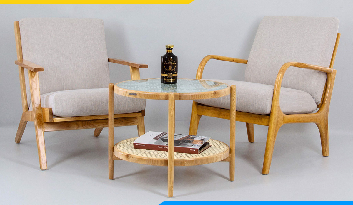 Bộ bàn trà và ghế sopha gỗ đơn giản, trẻ trung