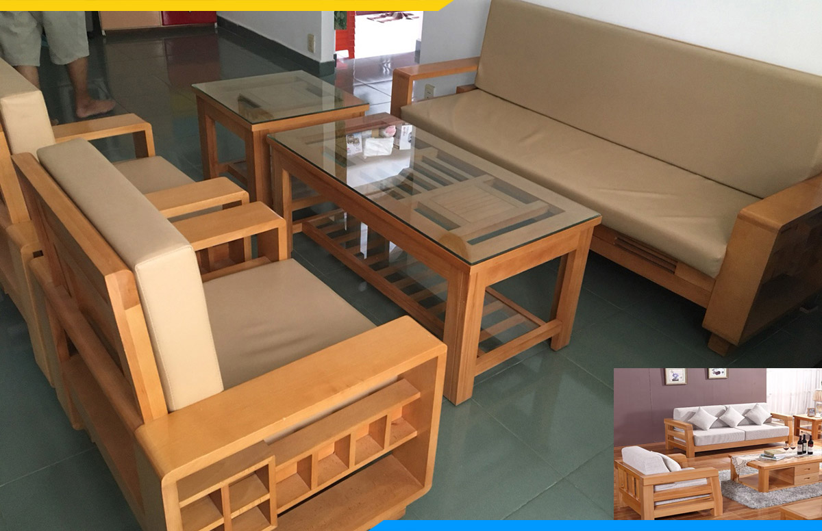 Sofa gỗ Sồi tự nhiên cho chung cư với thiết kế đơn giản, đẹp