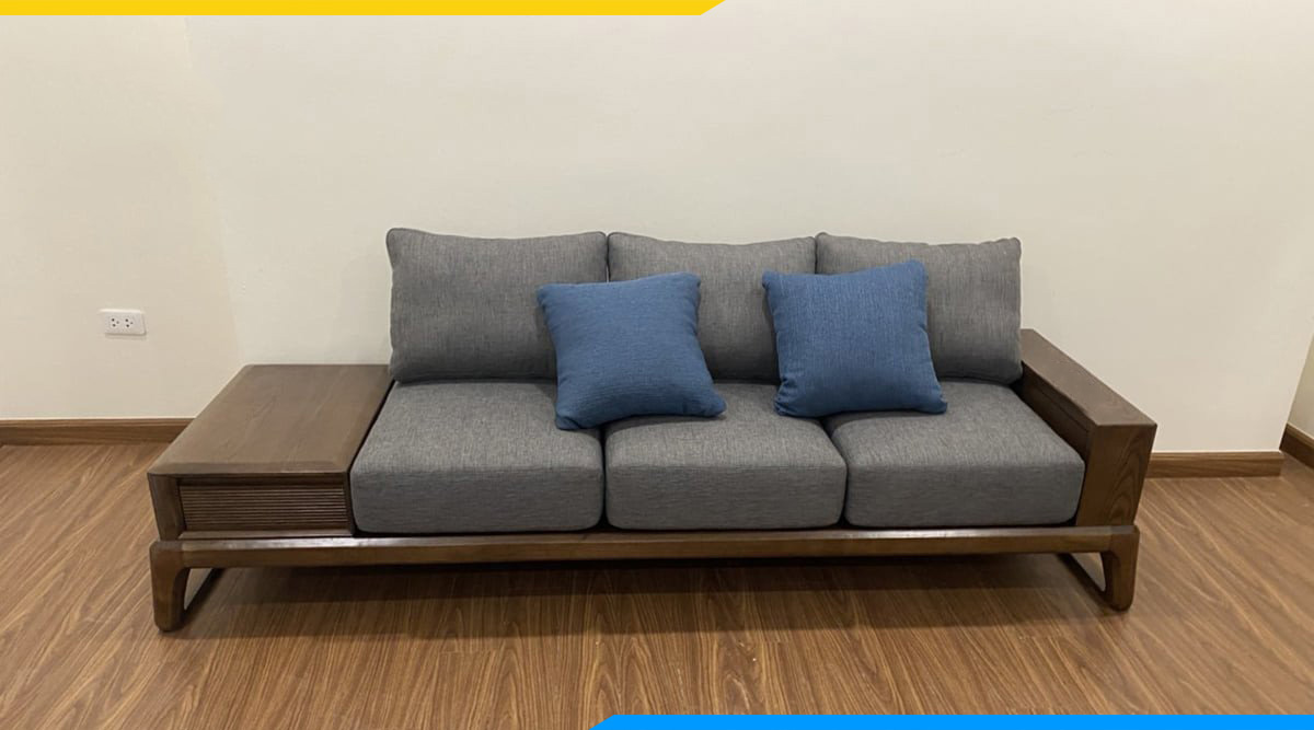 Bộ bàn ghế sofa văng với gối ôm màu xanh dương hiện đại