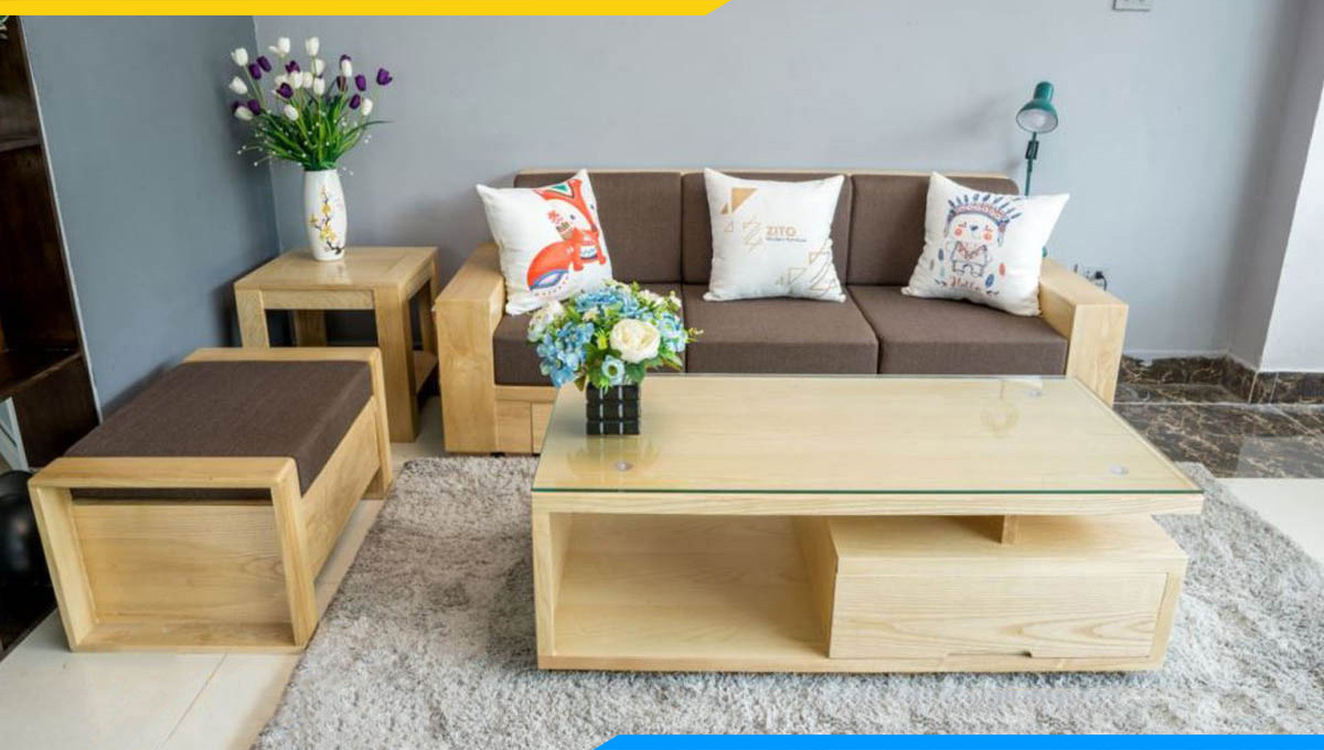 Bộ bàn ghế sofa gỗ Sồi màu gỗ tự nhiên kết hợp bởi ghế văng và ghế đôn