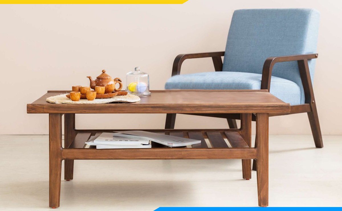 Mẫu ghế sofa gỗ đơn đơn giản kèm bàn trà trẻ trung làm từ gỗ Thông