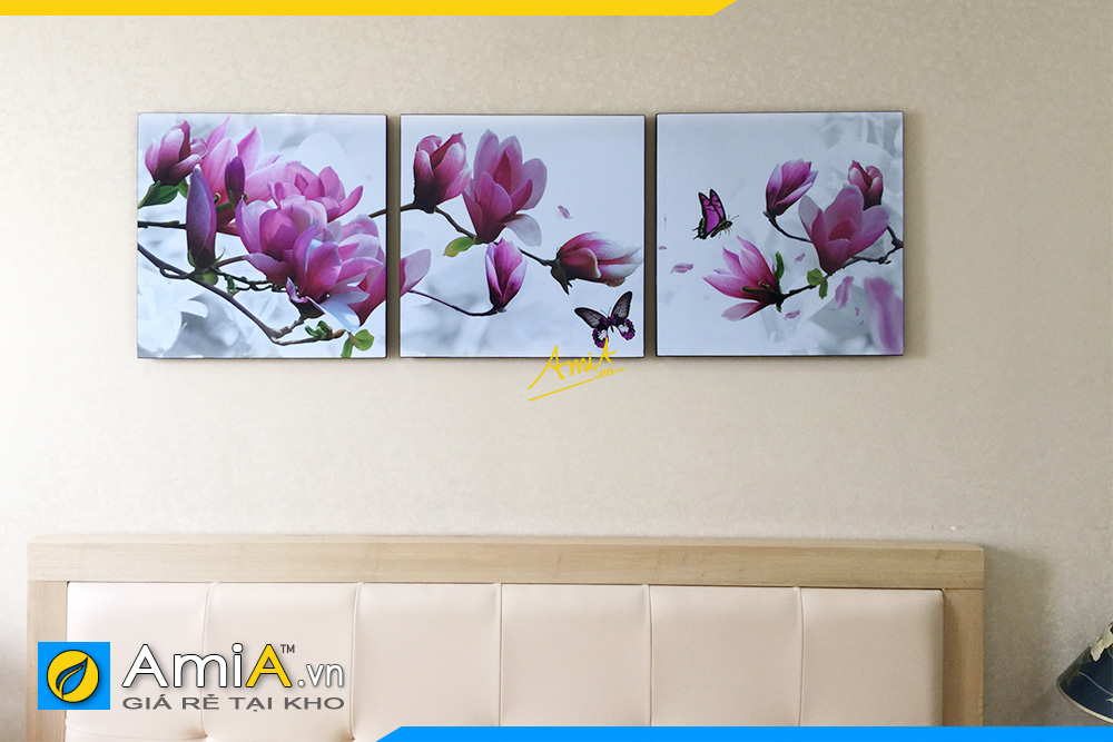 Hình ảnh Tranh hoa mộc lan ghép 3 tấm treo tường phòng ngủ đẹp hiện đại AmiA 1423