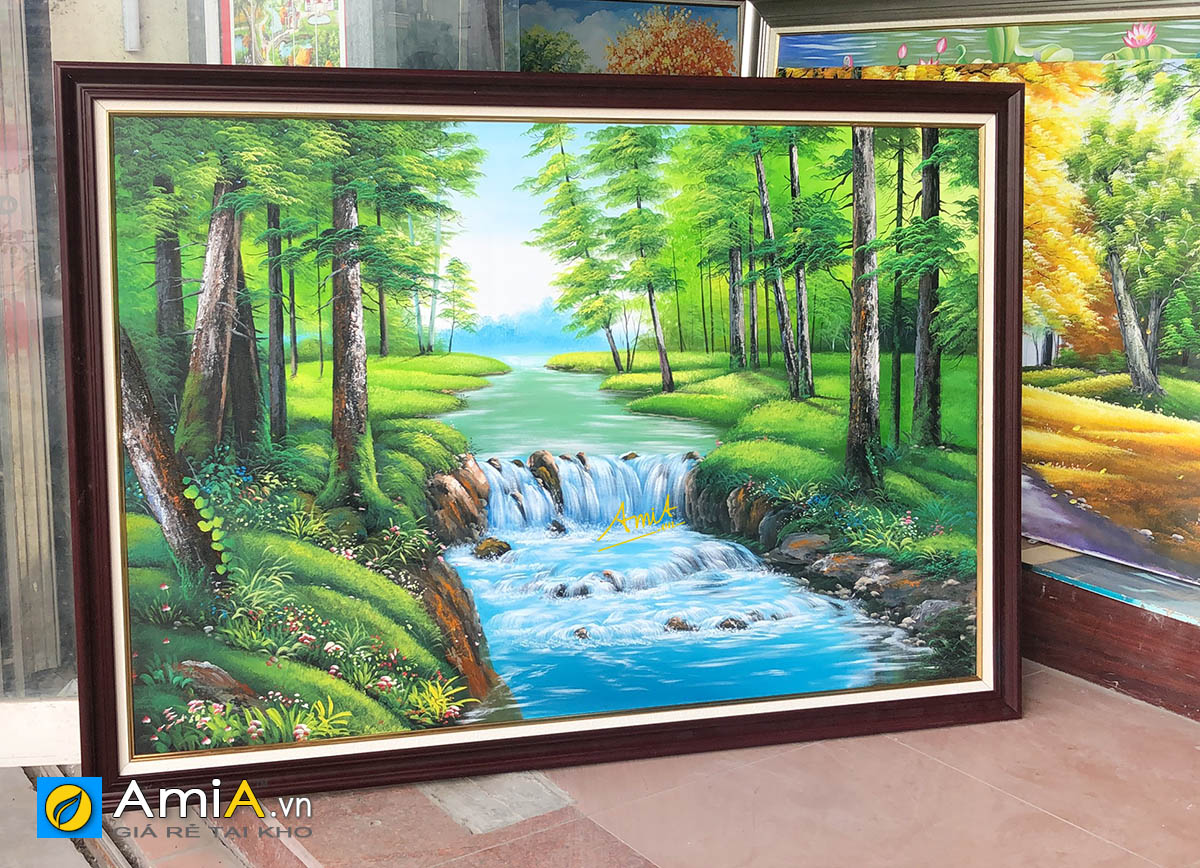 Hình ảnh Bức tranh rừng cây dòng nước chảy tiền tài đẹp ý nghĩa mừng tân gia