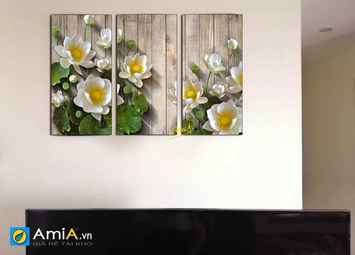 Hình ảnh Bộ tranh đẹp hoa sen trắng treo phòng khách bán chạy mã 1330