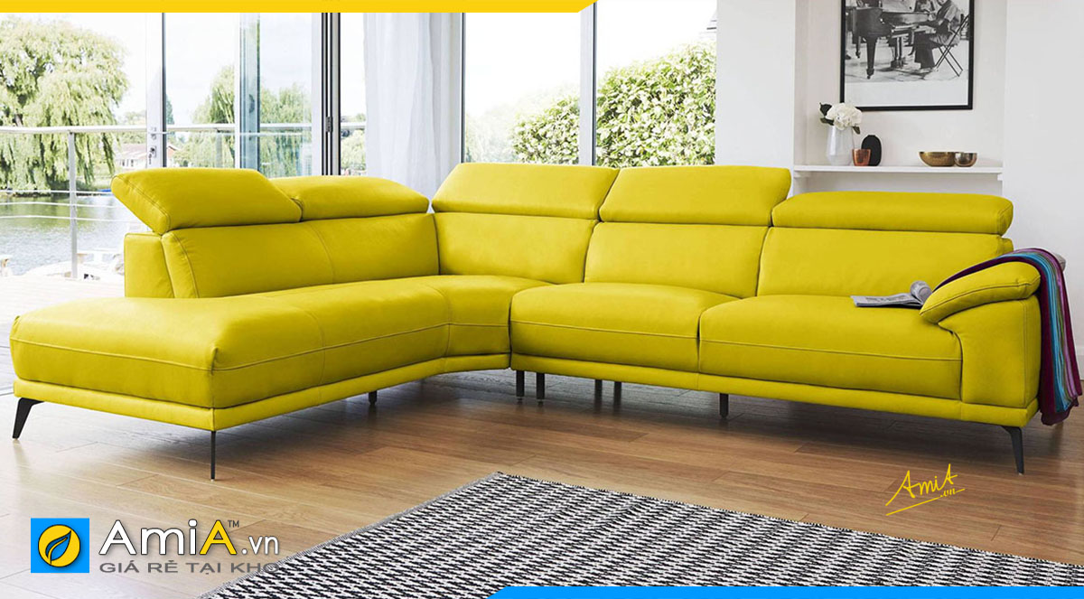 Mẫu ghế sofa góc chữ V màu vàng tươi nổi bật khi kê tại không gian phòng khách