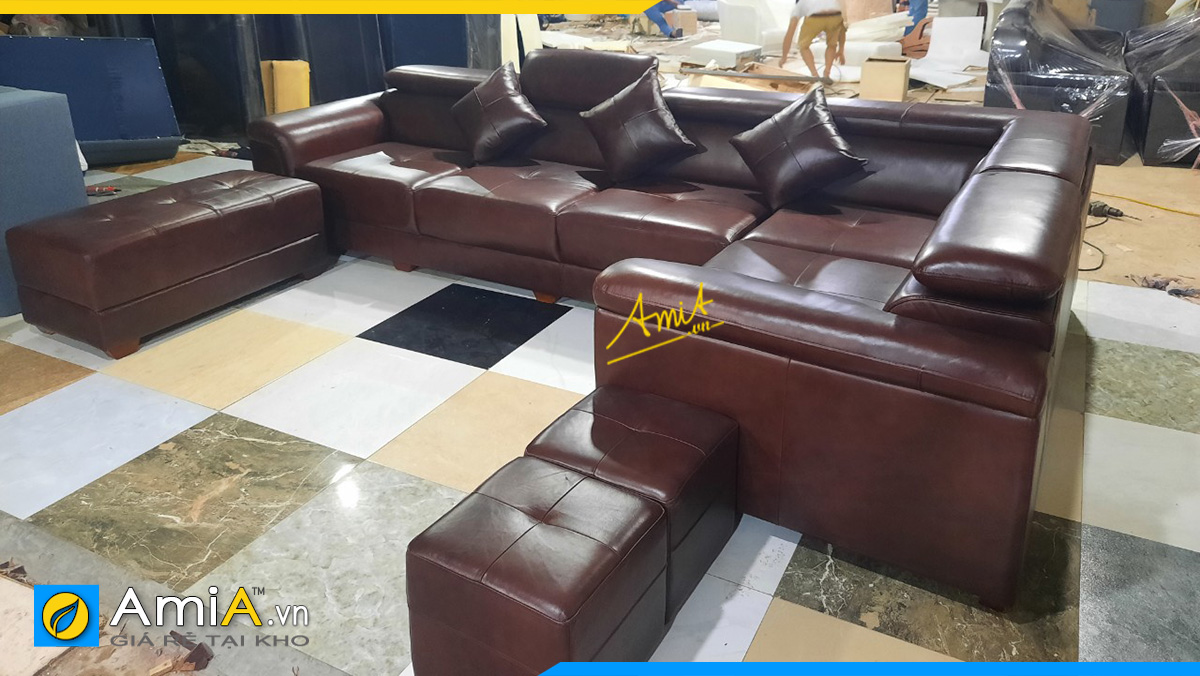 Mẫu sofa góc da bò thật khách hàng đặt làm tại xưởng sản xuất AmiA.vn