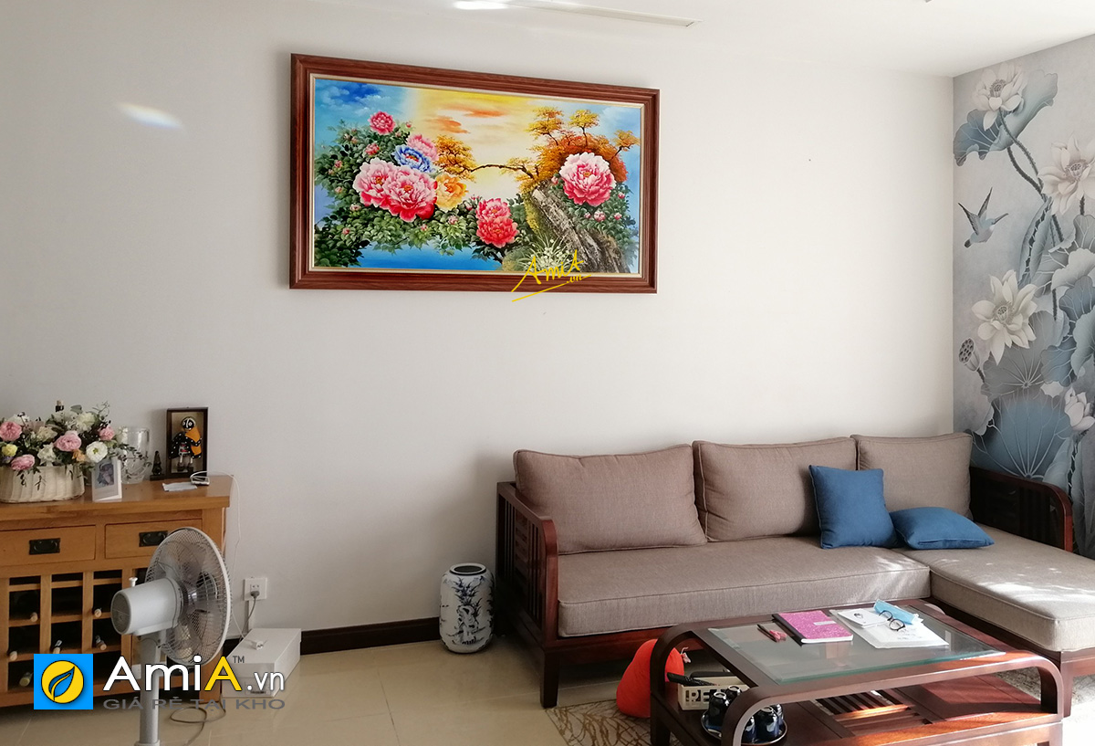 Hình ảnh Tranh đẹp hoa mẫu đơn treo phòng khách vẽ sơn dầu mã tsd 444a