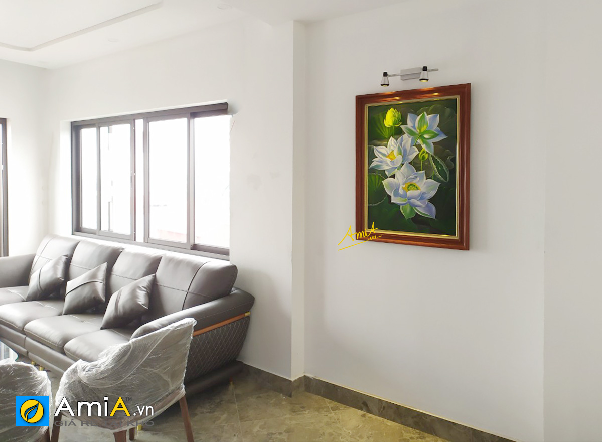 Hình ảnh Tranh hoa sen vẽ sơn dầu treo phòng khách nhà chung cư mã tsd 361