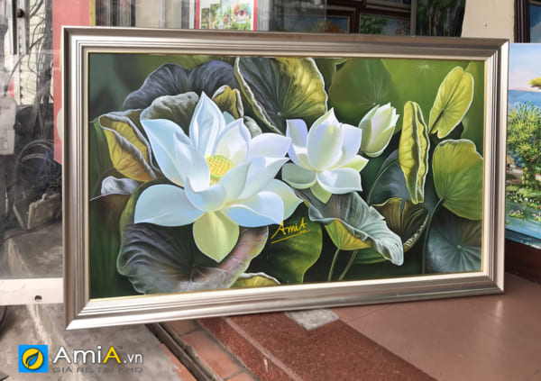 Hình ảnh Tranh sơn dầu hoa sen vẽ 1 tấm chụp thực tế tại cửa hàng mã tsd 522