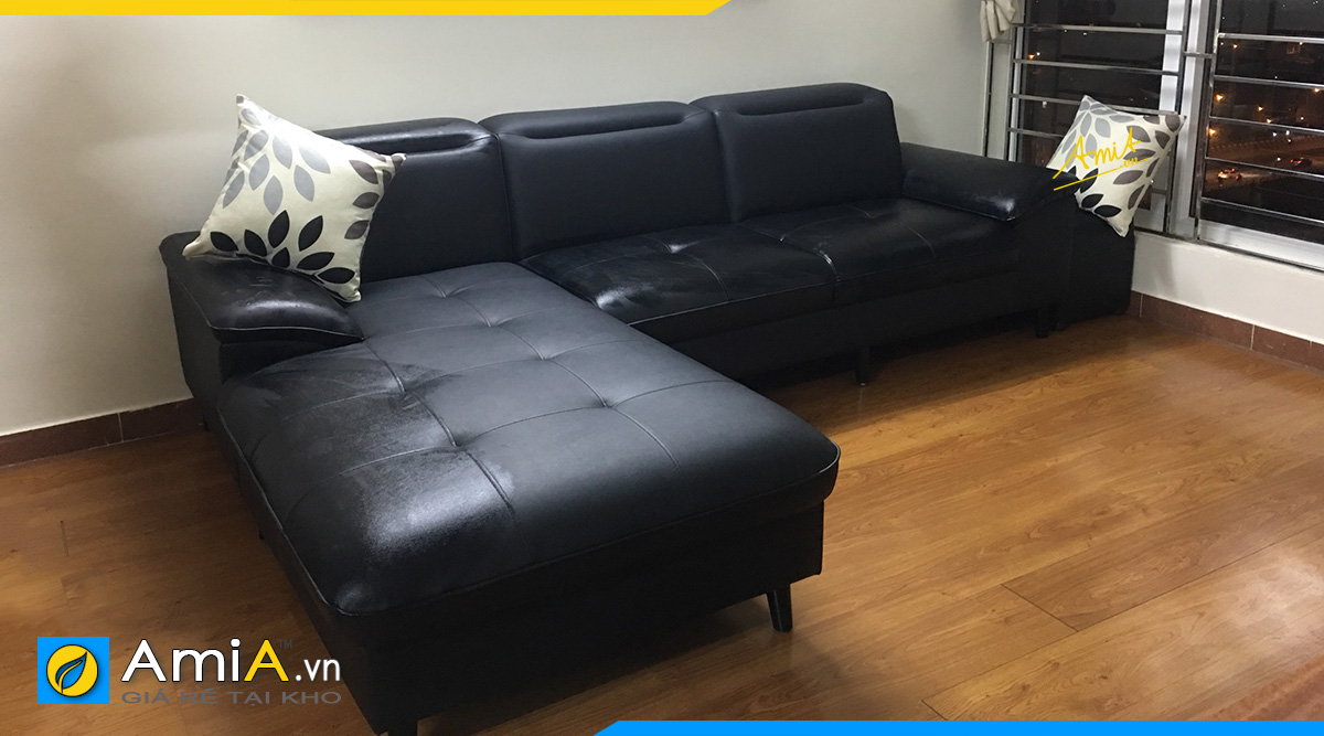 Hình ảnh thực tế bộ ghế sofa góc bọc da màu đen tại nhà khách hàng của AmiA tại Khu đô thị Dương Nội
