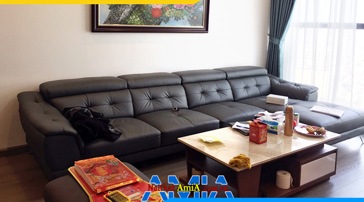 Sofa da đẹp cho phòng khách hiện đại kích thước lớn bài trí sát tường