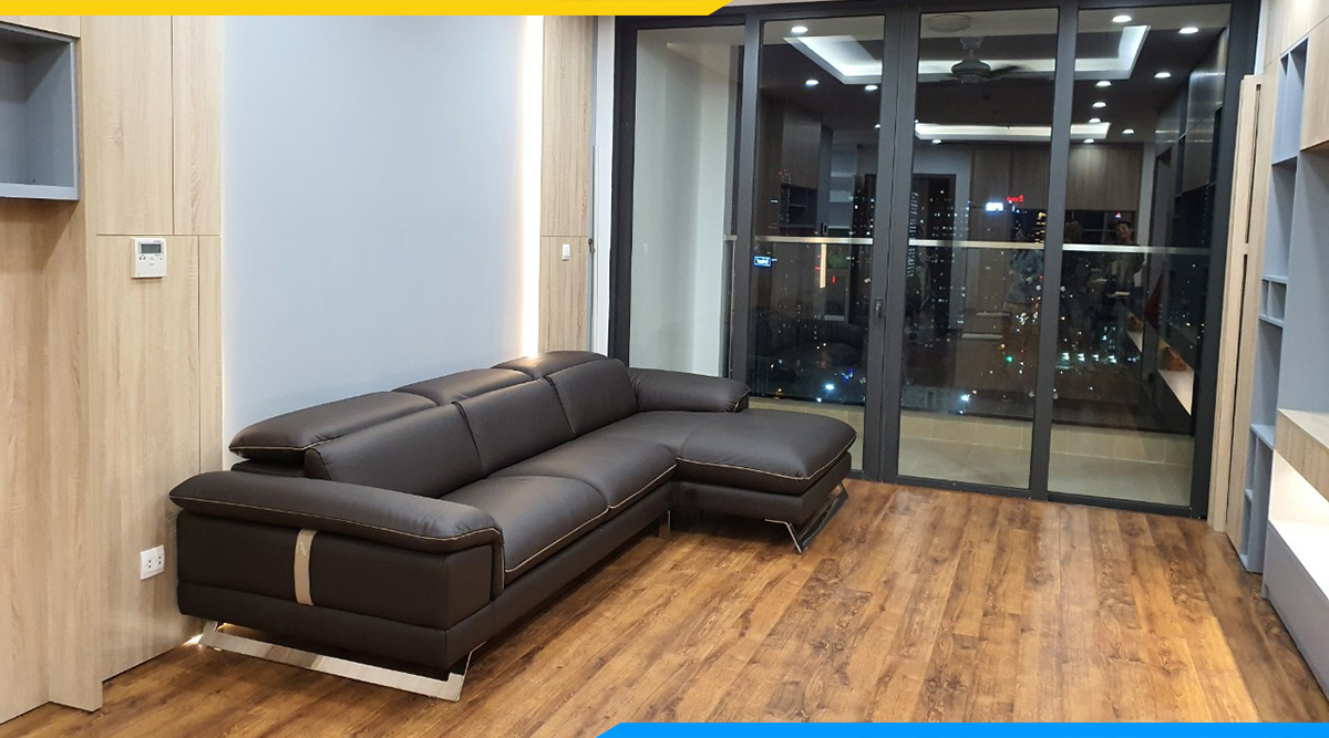 Sofa góc da cao cấp với kích thước lớn kê phòng khách rộng được thiết kế theo phong cách Bắc Âu hiện đại