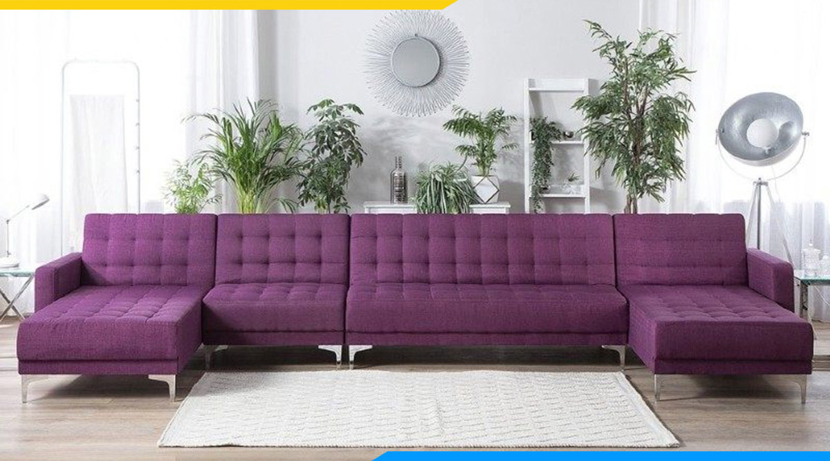 Bộ sofa góc chữ U màu tím nổi bật với kích thước và thiết kế phù hợp với không gian kê