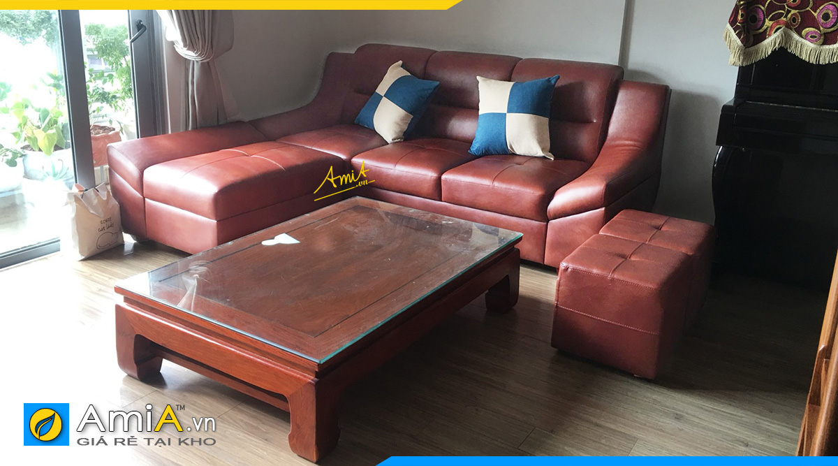 Sofa góc dưới 2m bằng da màu nâu sang trọng, ấm cúng cho không gian nhỏ phòng khách nhà bạn