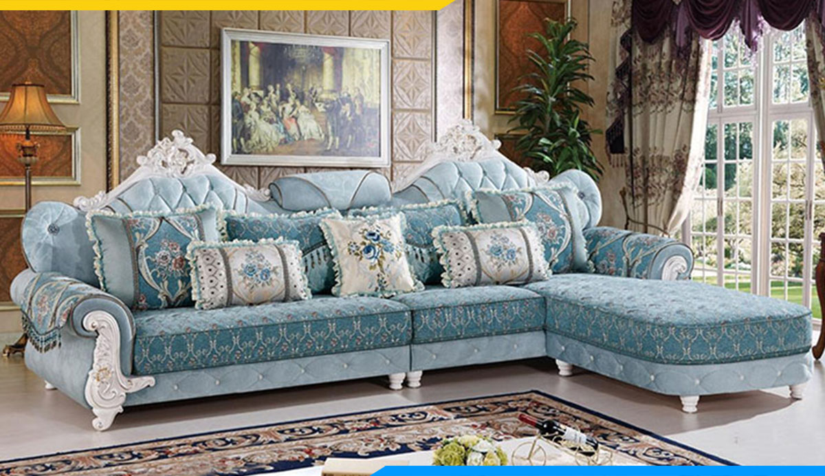 Bộ ghế sofa tân cổ điển góc chữ L màu xanh ngọc đẹp mắt