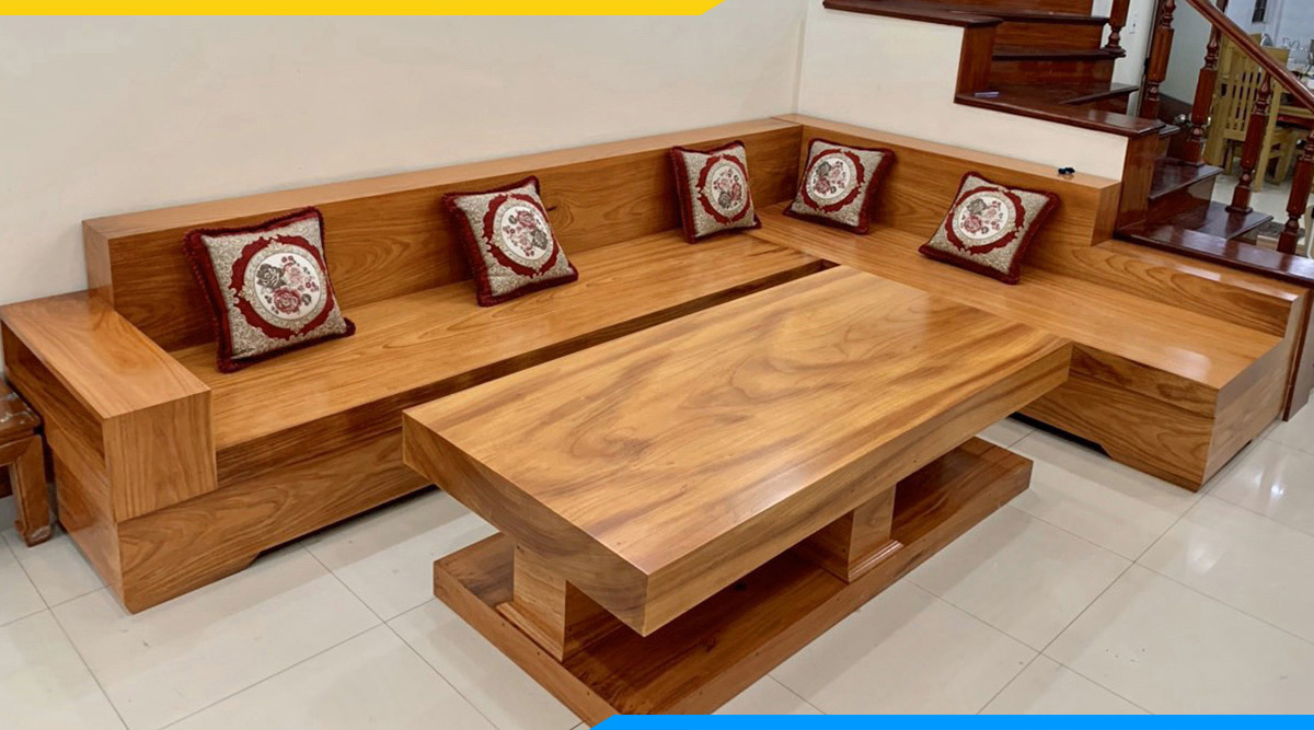 sofa gỗ nguyên khối dạng góc trẻ trung