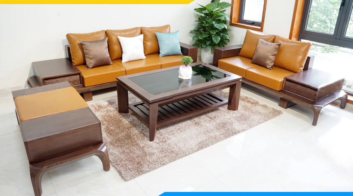 Bộ ghế sofa gỗ Sồi đệm da màu nâu sang trọng, thanh lịch cho phòng làm việc riêng