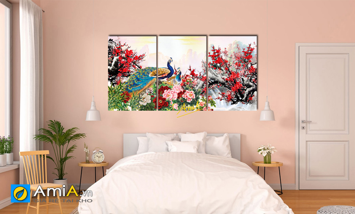 Hình ảnh Tranh đôi công hoa đào trang trí phòng ngủ đẹp lãng mạn