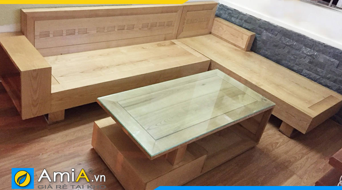 Hình ảnh thực tế bộ ghế sofa góc chữ  L làm từ gỗ Sồi tự nhiên- phủ bóng tạo sự sang trọng cho sản phẩm