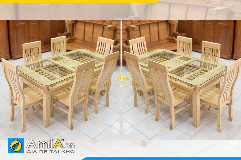 Hình ảnh Bàn ăn gỗ sồi hình chữ nhật mặt kính 6 ghế đẹp hiện đại
