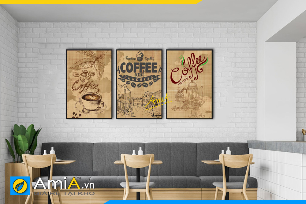 Hình ảnh Bộ tranh chữ cafe ghép 3 tấm treo tường quán cafe đẹp