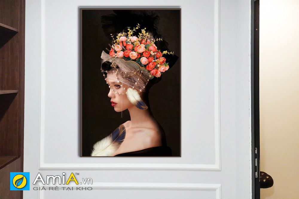 Hình ảnh Bức tranh spa khổ dọc cô gái đội hoa đẹp hiện đại trang trí tường