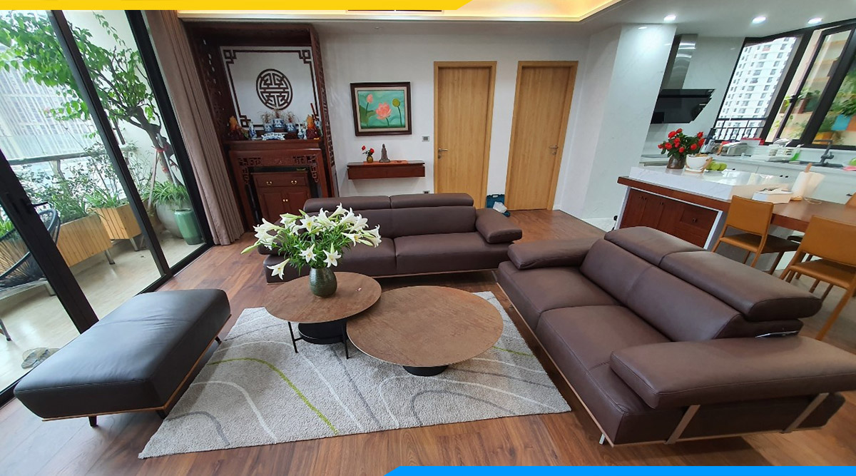 Không gian phòng khách đẹp với bộ sofa góc cho tuổi Dần chuẩn phong thủy nhất