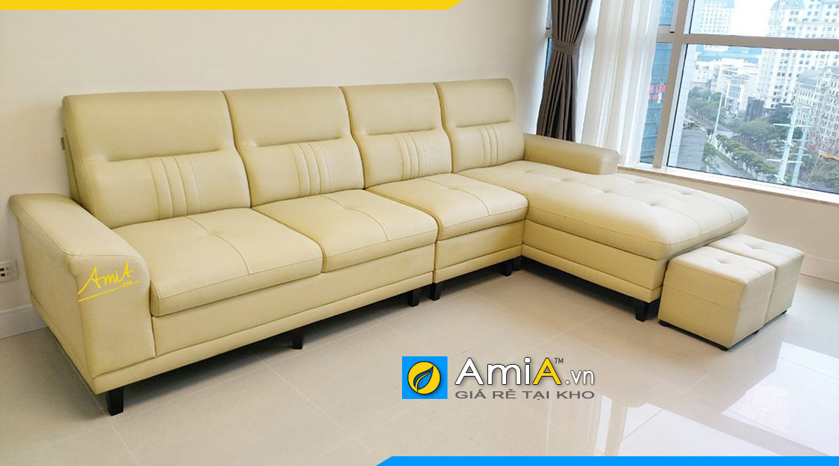 Sofa góc da màu kem bọc da công nghiệp nhập khẩu Hàn Quốc sản xuất tại xưởng AmiA
