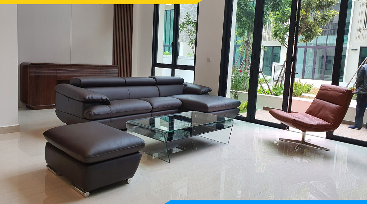 Bộ ghế sofa góc da thật với màu sắc và kích thước phù hợp với không gian nhà phố đẹp