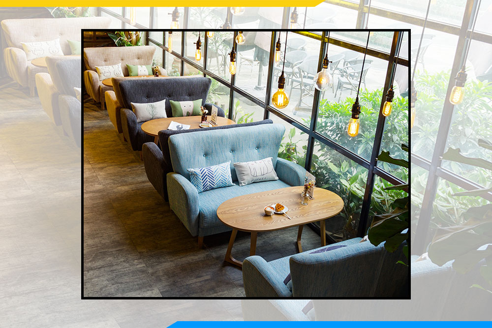 Hình ảnh Sofa văng nỉ bài trí quán cafe đẹp hiện đại với nhiều màu sắc