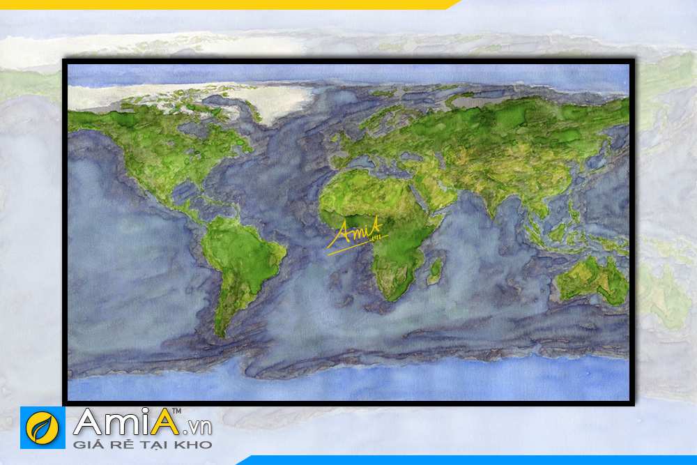 Hình ảnh Tranh bản đồ thế giới màu xanh mát mắt đặt làm theo yêu cầu riêng