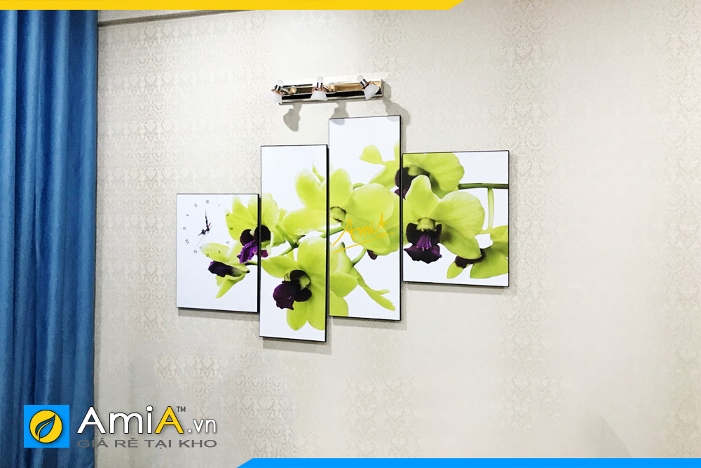 Hình ảnh Tranh hoa lan xanh treo tường đẹp có đồng hồ mã AmiA 377