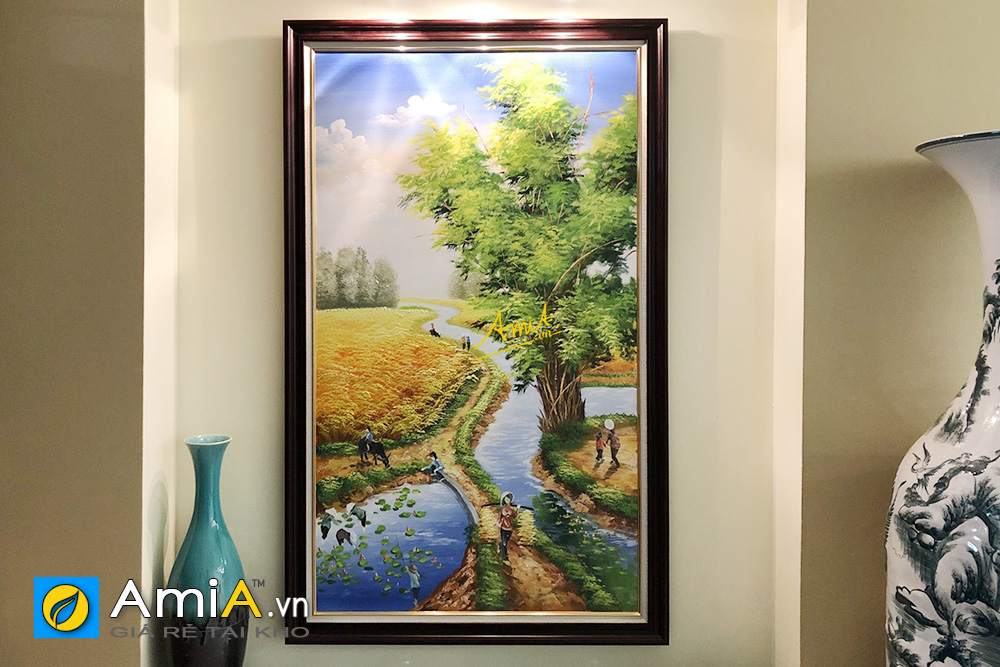 Hình ảnh Tranh vẽ sơn dầu làng quê treo tường văn phòng đẹp sang trọng