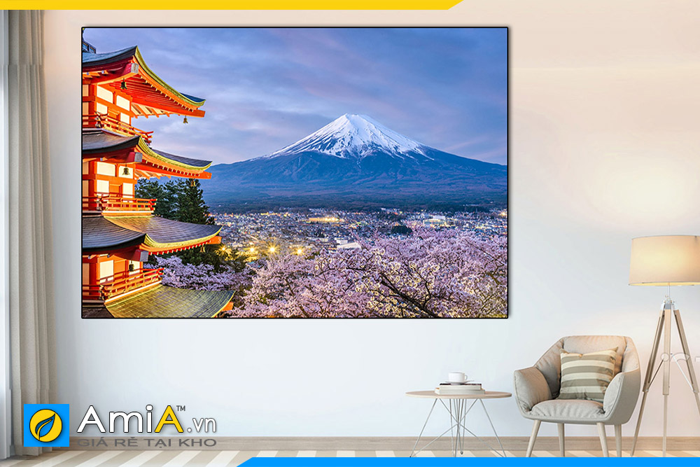 Hình ảnh Tranh treo tường Nhật Bản phong cảnh núi Phú Sĩ hoa anh đào