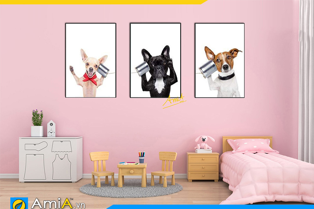 Hình ảnh Bộ tranh canvas 3 tấm chú chó ngộ nghĩnh treo phòng trẻ em AmiA 1537