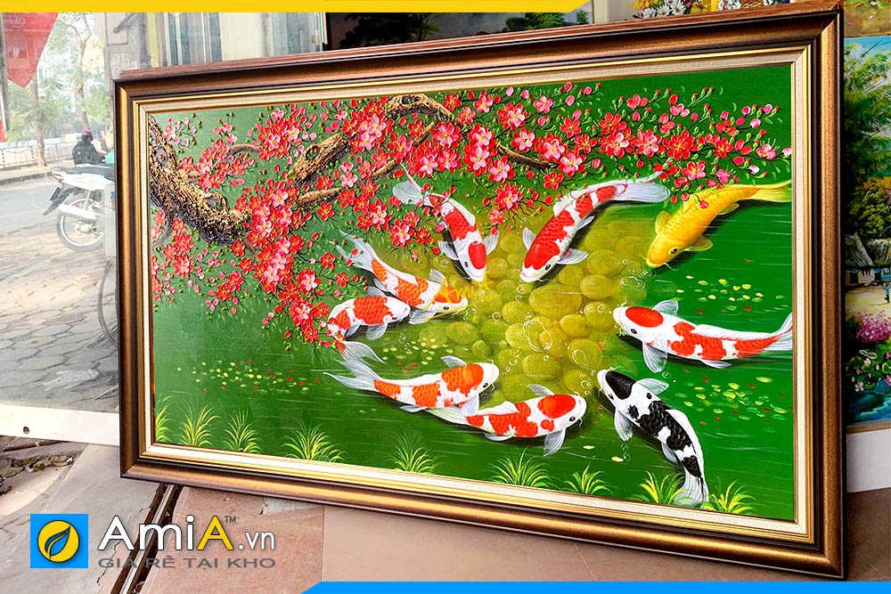 Hình ảnh Tranh cá chép hoa đào vẽ sơn dầu mừng Tết đẹp ý nghĩa AmiA TSD 458