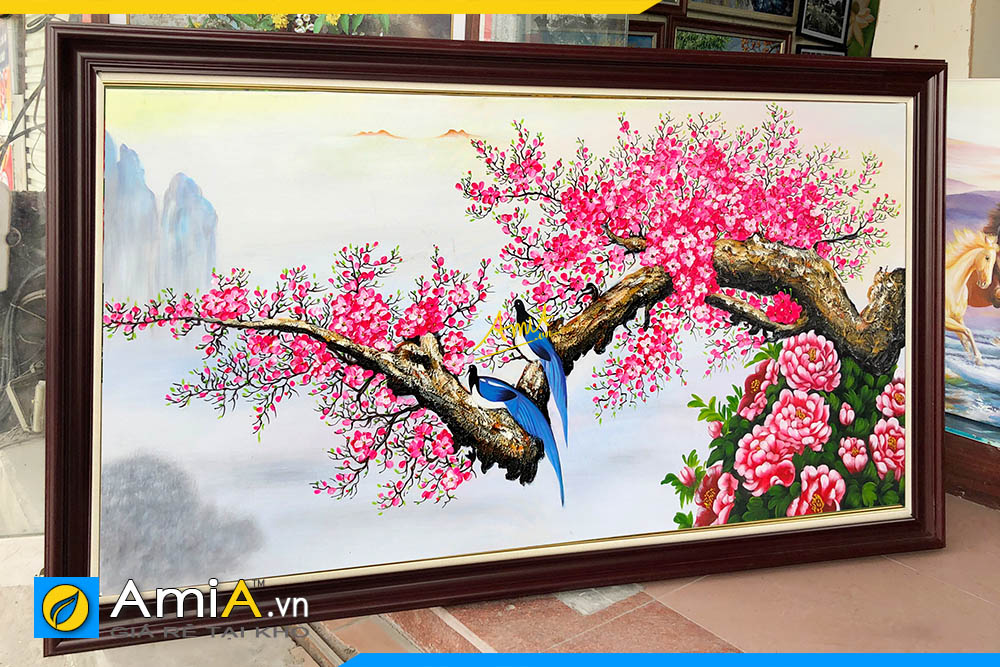 Hình ảnh Tranh cành hoa đào đôi chim treo tường phòng khách đẹp AmiA TSD 583