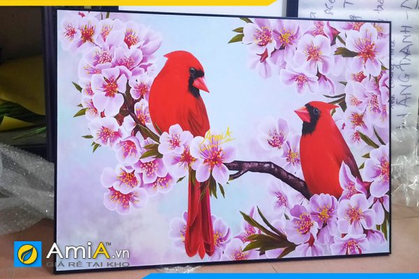 Hình ảnh Tranh đôi chim đỏ trên cành đào treo phòng ngủ AmiA DCHIM111