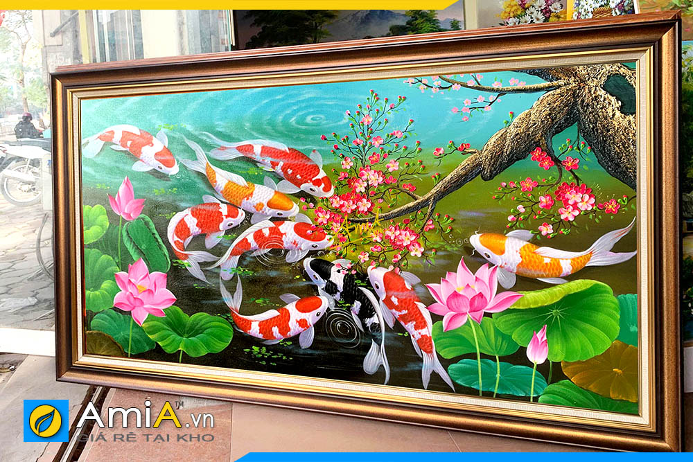 Hình ảnh Tranh treo tường cá chép hoa sen cành đào đẹp ý nghĩa AmiA TSD 542
