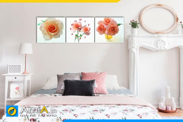 Hình ảnh Tranh treo tường phòng ngủ hoa hồng có đồng hồ AmiA 1131