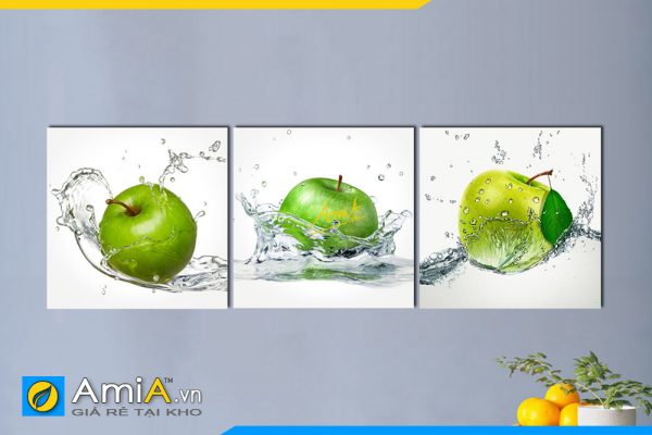 Hình ảnh Bộ tranh 3 trái táo xanh treo tường phòng ăn nhà bếp AmiA 309