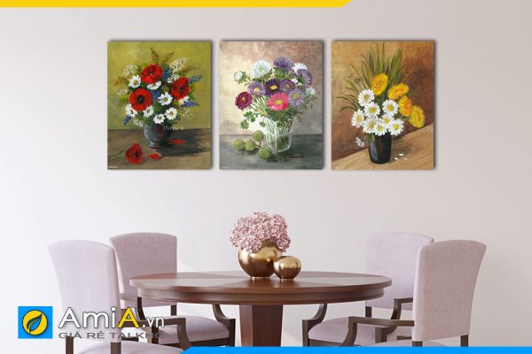 Hình ảnh Bộ tranh bình hoa 3 tấm in giả sơn dầu treo bàn ăn đẹp AmiA BH07