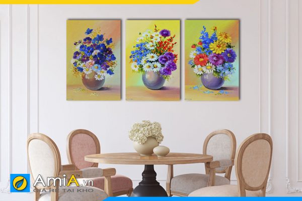 Hình ảnh Bộ tranh bình hoa 3 tấm nhiều màu nổi bật treo bàn ăn AmiA BH06