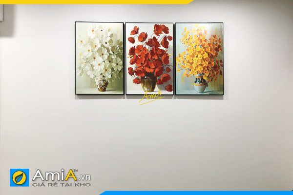 Hình ảnh Bộ tranh bình hoa 3 tấm nhiều màu sắc treo tường phòng ăn bàn ăn AmiA 1401