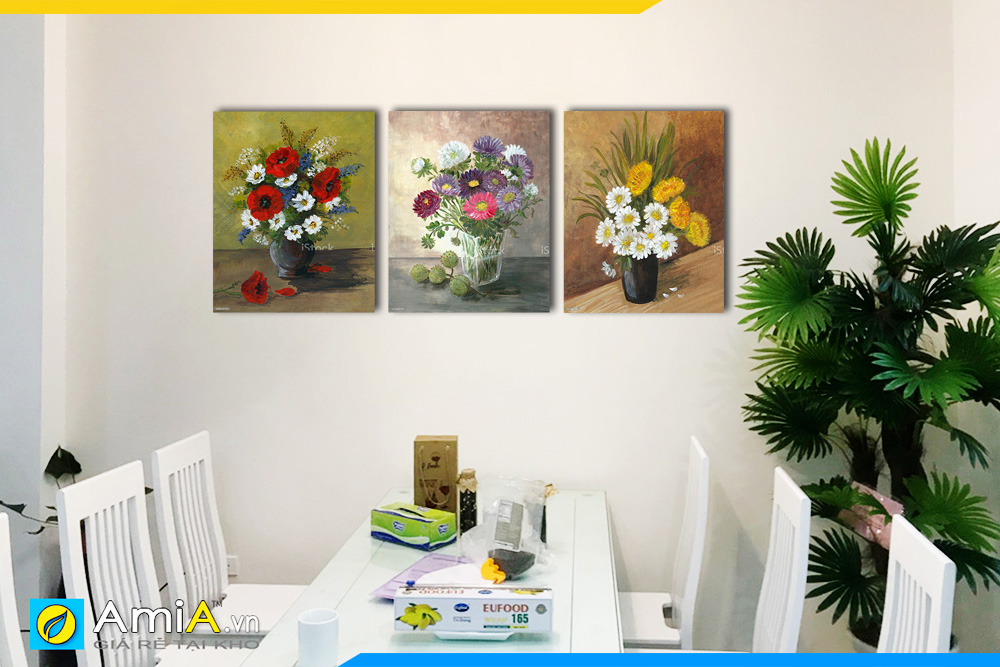 Hình ảnh Bộ tranh bình hoa 3 tấm treo bàn ăn đẹp in giả sơn dầu AmiA BH07