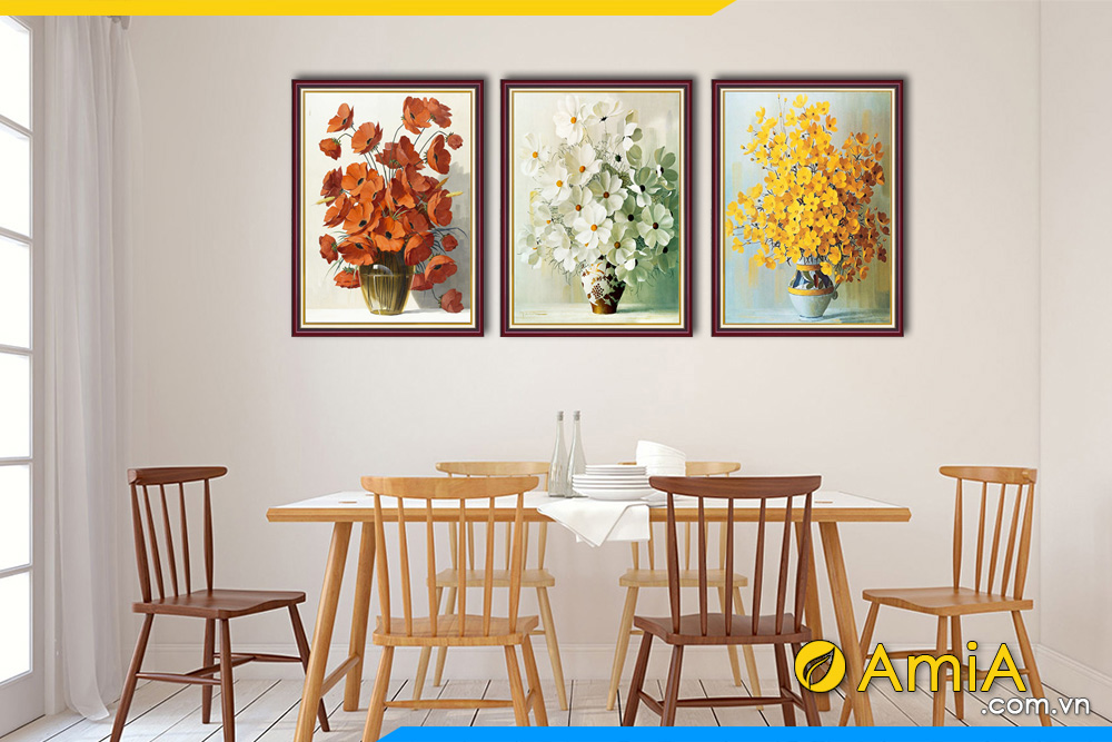 Hình ảnh Bộ tranh bình hoa 3 tấm treo tường bàn ăn đẹp hiện đại AmiA 1401