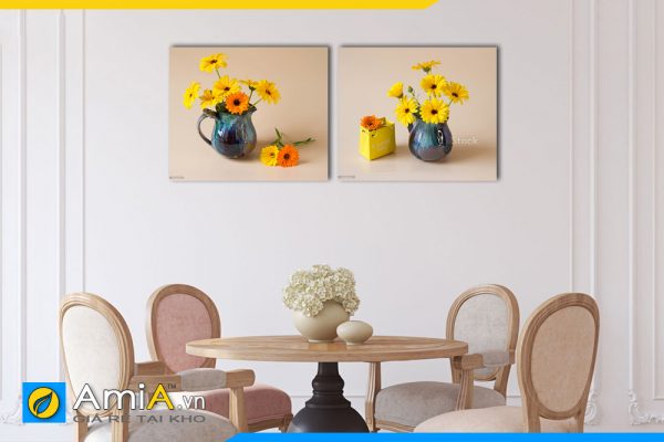 Hình ảnh Bộ tranh bình hoa đồng tiền màu vàng đẹp treo phòng ăn AmiA BH09