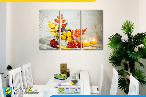 Hình ảnh Bộ tranh bình hoa tone màu vàng thu treo phòng ăn đẹp AmiA BH20