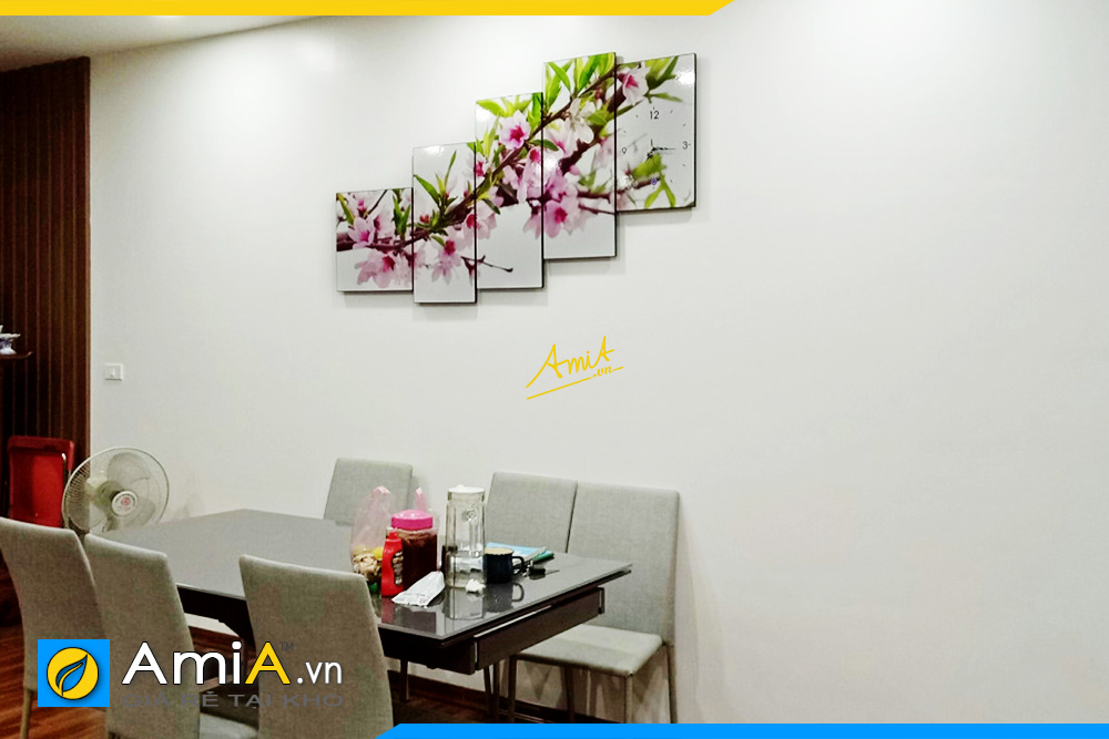 Hình ảnh Bộ tranh cành hoa đào treo bàn ăn đẹp hiện đại có đồng hồ AmiA 262